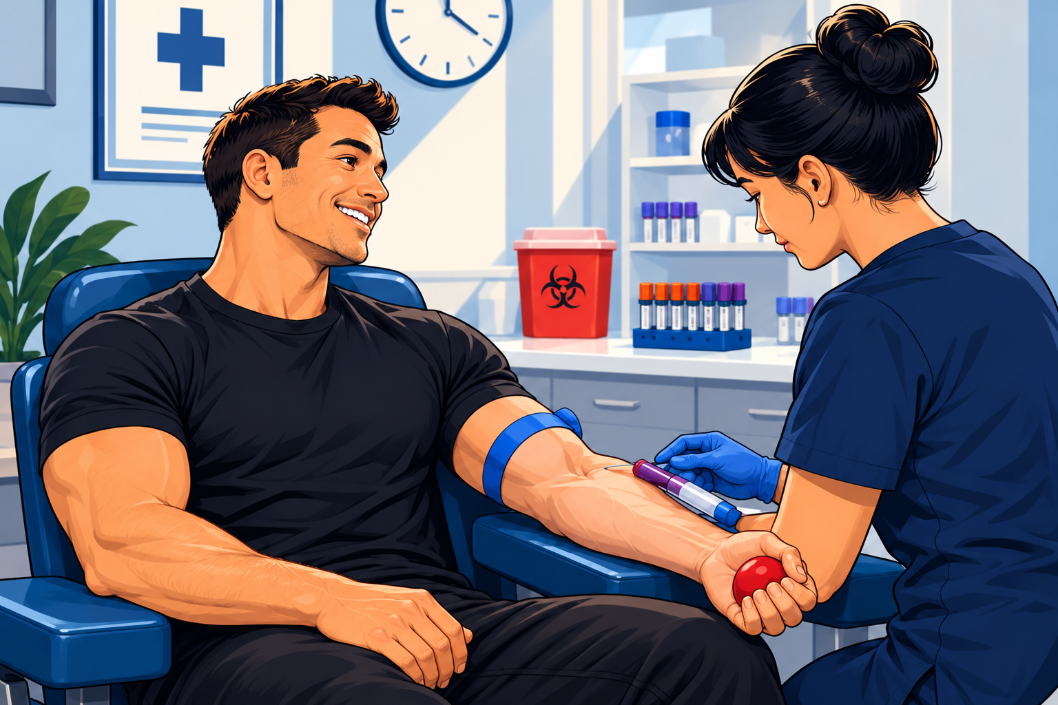 Patient smiling during a blood draw with a lab technician