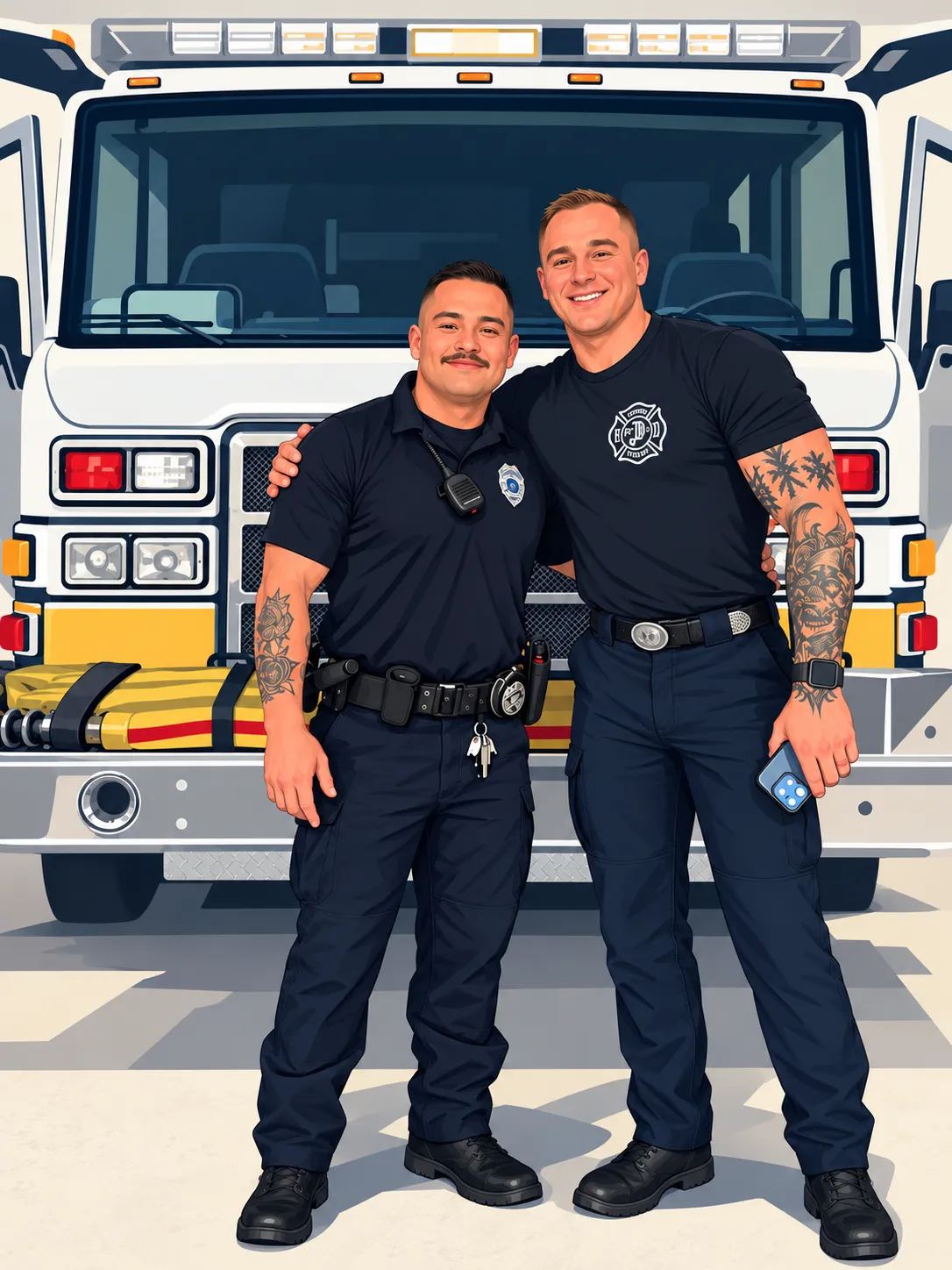 A police officer and a firefighter standing together in front of an ambulance