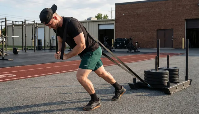Athlete pulling weighted sled outdoors