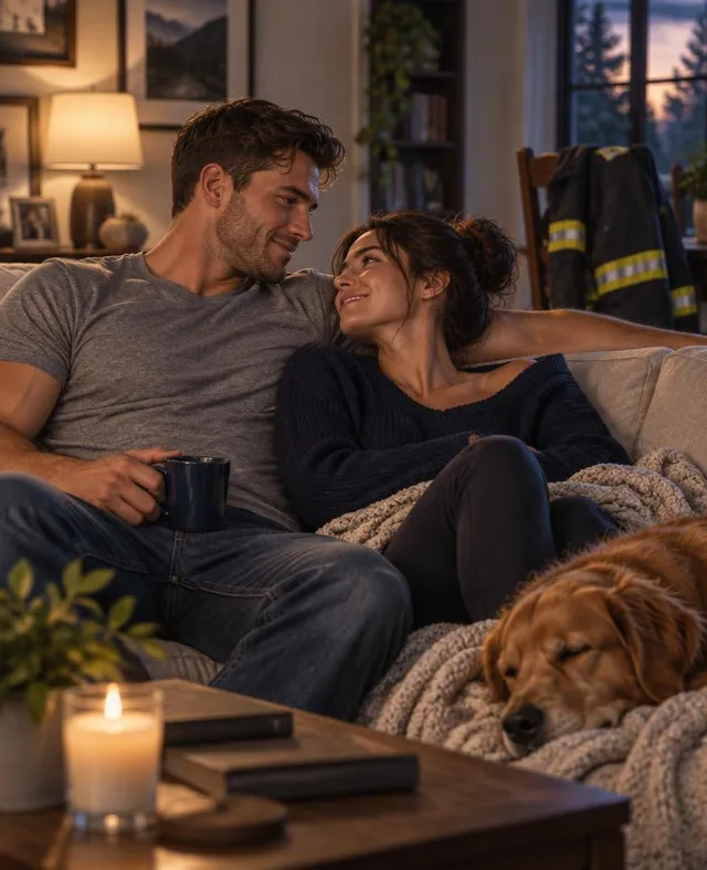 Off-duty firefighter relaxing on the couch with his partner