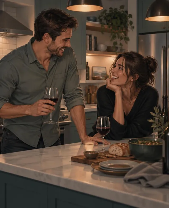 Paramedic and his partner laughing in their kitchen after dinner