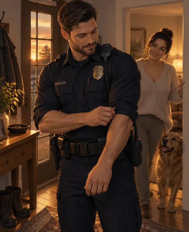 Officer home from shift rolling up his sleeves as his partner smiles from the doorway