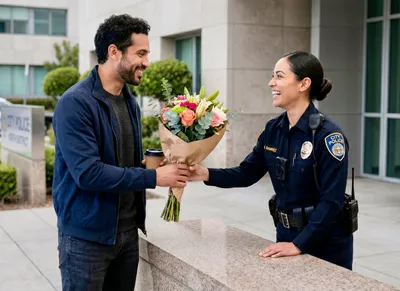 Couple reconnecting — man bringing flowers to partner at work