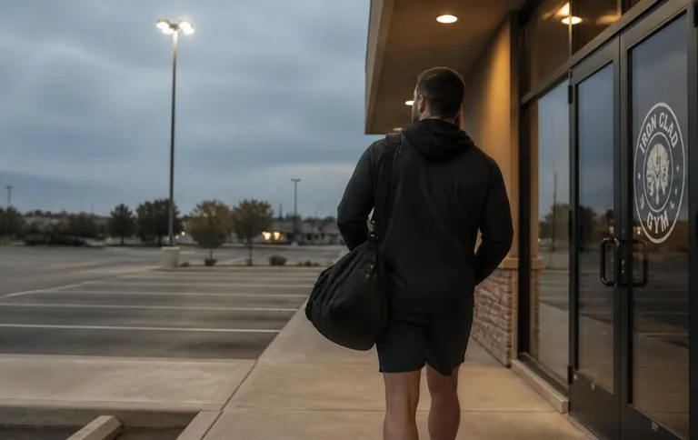Off-duty responder leaving a gym at dawn with a work bag