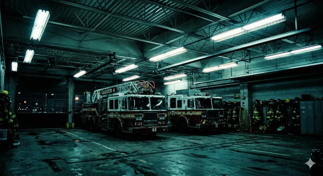 Fire station garage at night