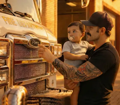 Firefighter father holding his baby next to a fire truck