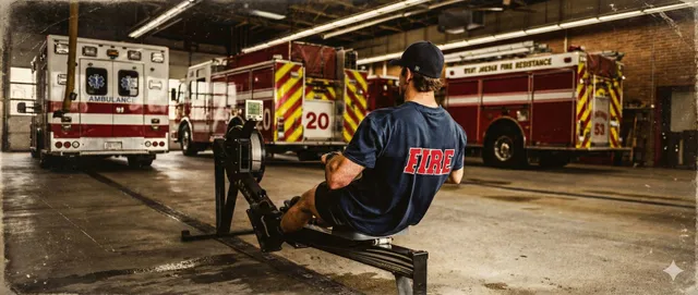 Firefighter rowing in fire station