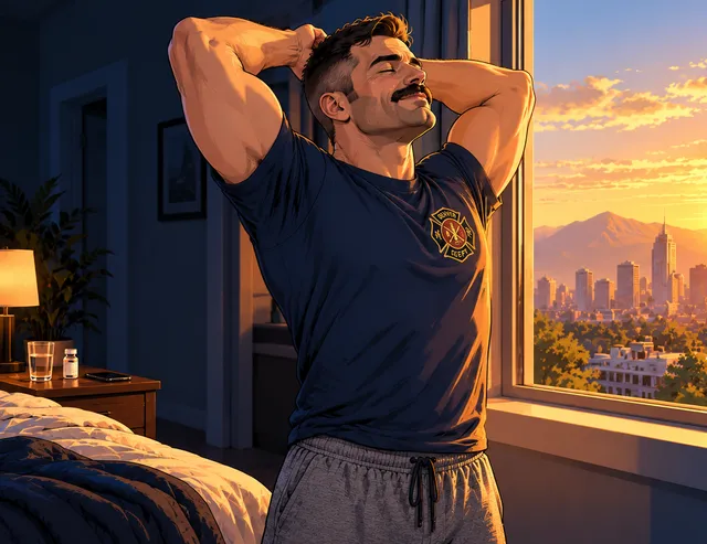 Firefighter stretching by his bedroom window at sunrise, city and mountains outside
