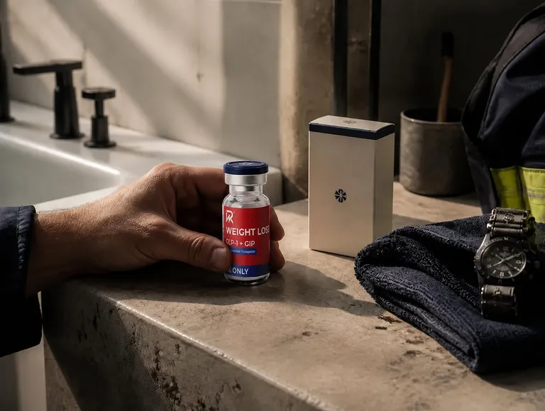 A firefighter's hand resting beside a tirzepatide vial and carton on a bathroom counter in morning light