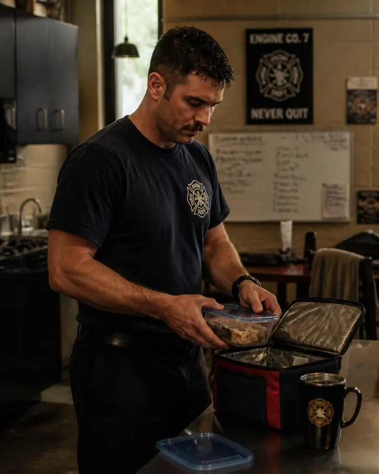 Off-duty firefighter packing a meal in a station kitchen after an overnight shift