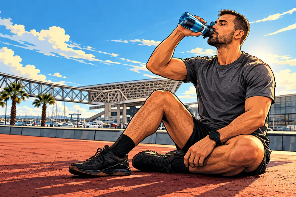First responder rehydrating by the marina after a training session