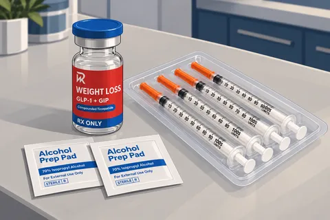 RespondWell compounded tirzepatide weight loss vial with syringes and alcohol prep pads
