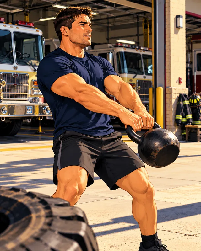 Firefighter swinging a kettlebell in a fire station bay