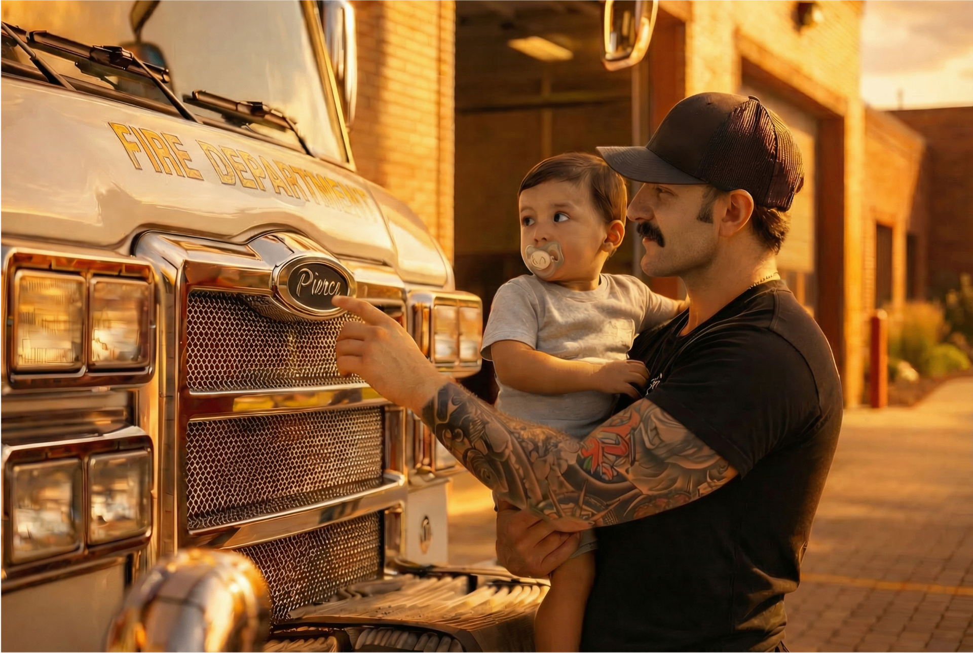 Off-shift firefighter holding his child by the engine