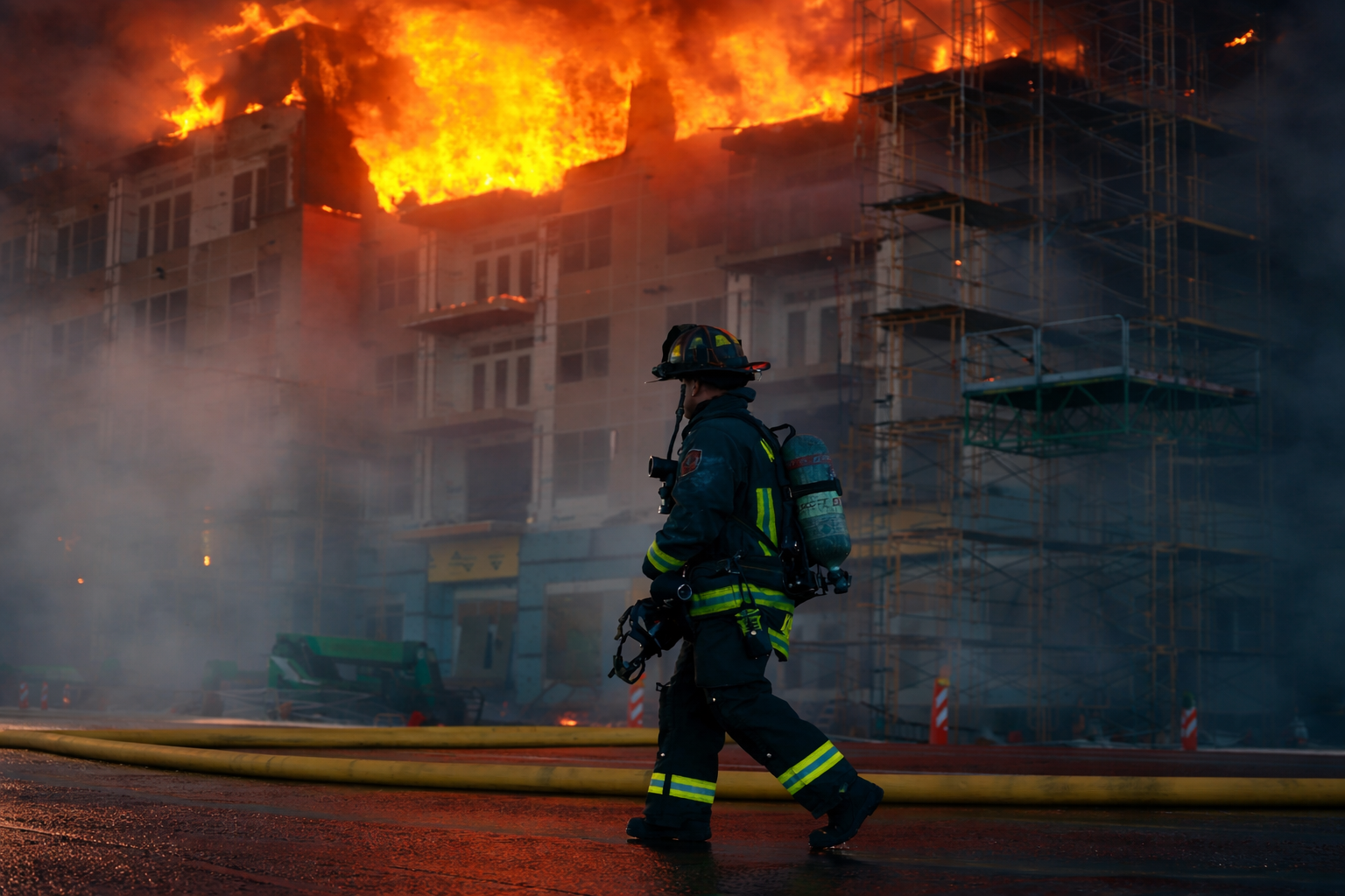 Firefighter approaching a burning building