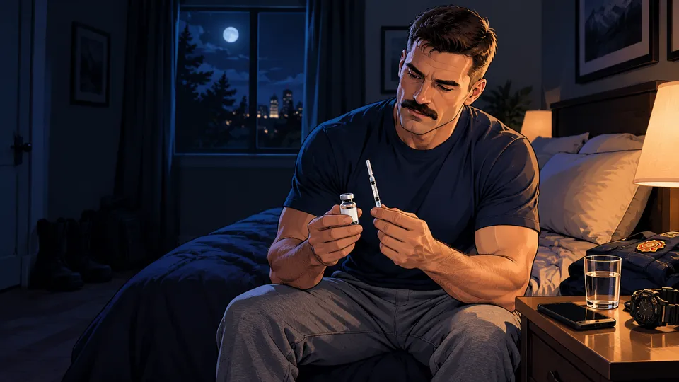 Man sitting on his bed at night holding a vial and syringe before his bedtime injection