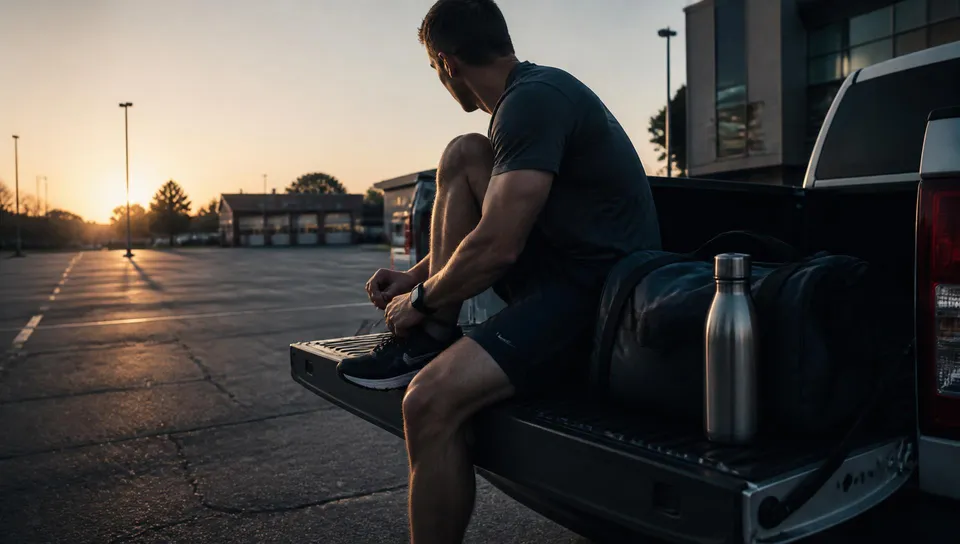 Off-duty first responder lacing running shoes on a truck tailgate at dawn