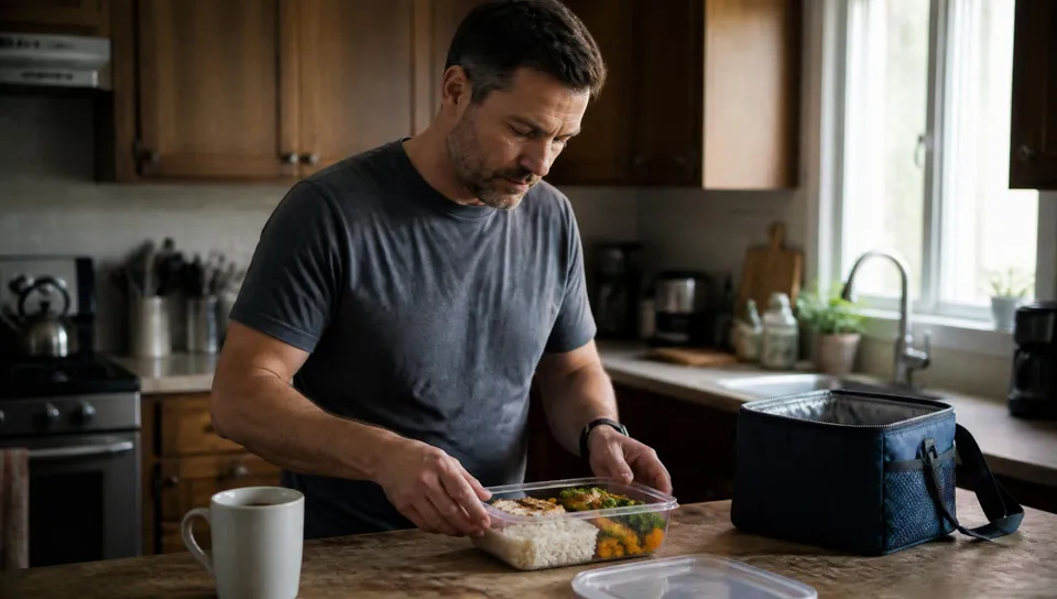 Man packing a prepared meal into a lunch bag in his kitchen before a shift