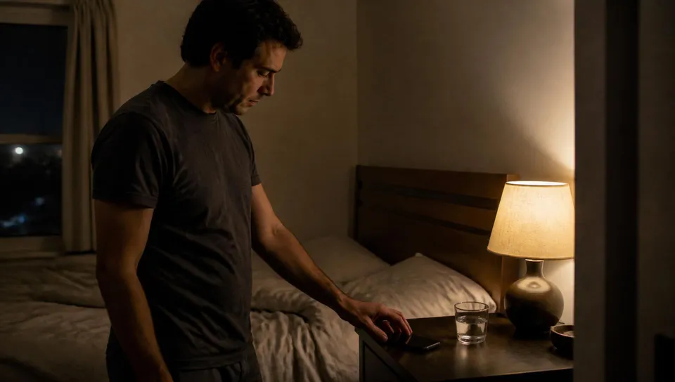 Man setting his phone down on a nightstand in a dim bedroom before bed