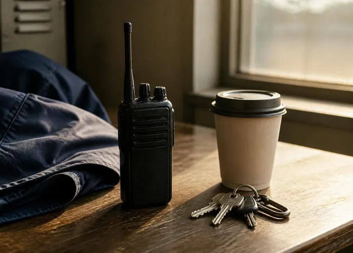 A radio, keys, a coffee cup and a folded jacket set down on a table in morning light