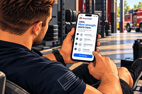 First responder in a fire station gym holding a phone showing the RespondWell intake steps