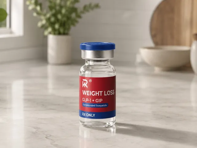 RespondWell compounded tirzepatide GLP-1 + GIP vial on a kitchen countertop