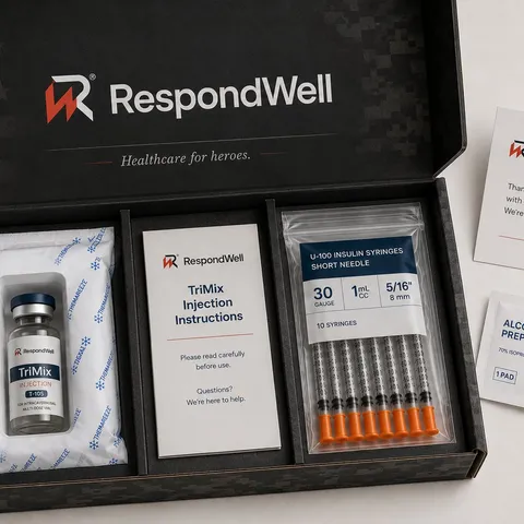 Open RespondWell shipping box with a cold-packed medication vial, injection instructions, syringes and alcohol prep pads