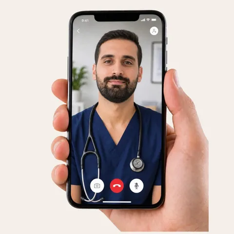 A hand holding a phone on a video visit with a clinician in navy scrubs