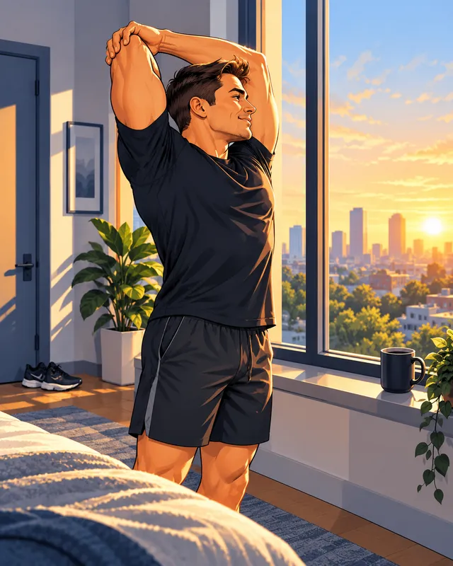 Man stretching by a sunlit bedroom window at sunrise