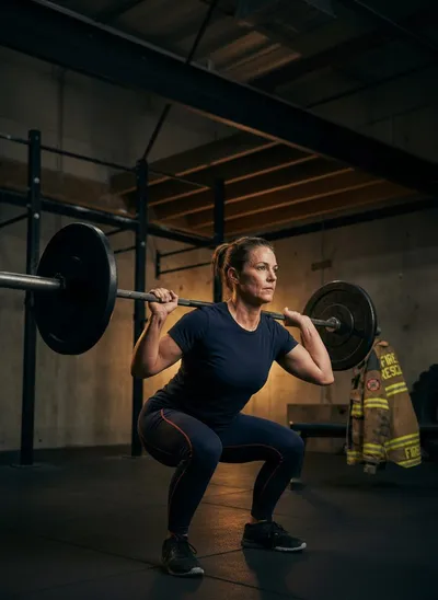 Female firefighter squatting with barbell in a fire station gym